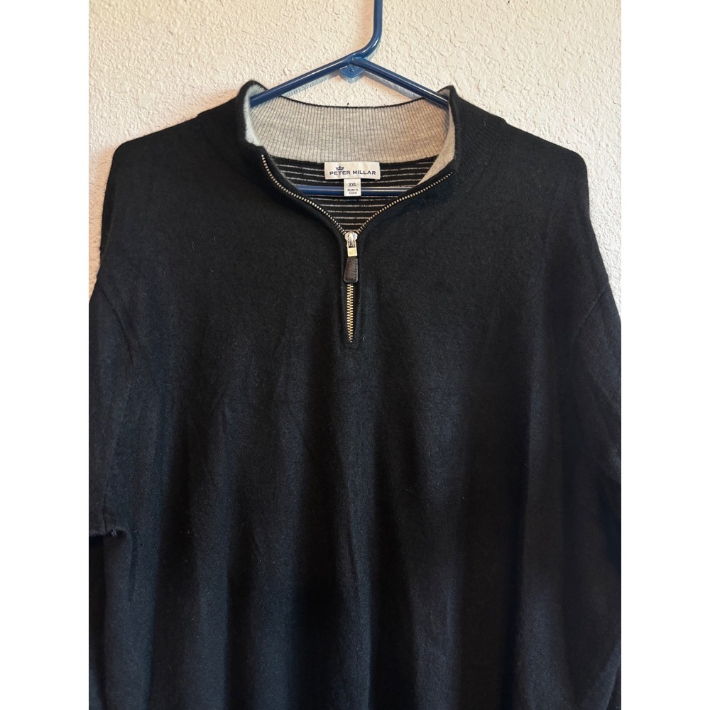 Peter Millar Mens XXL Black Quarter Zip Pullover Sweater Grey Trim Contrast Rib